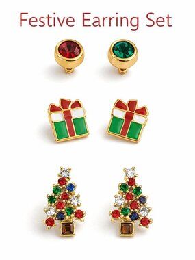 CRYSTAL AVENUE 3PC Stud Set Festive Gift Mini Multi Red Round Stone Earring Set